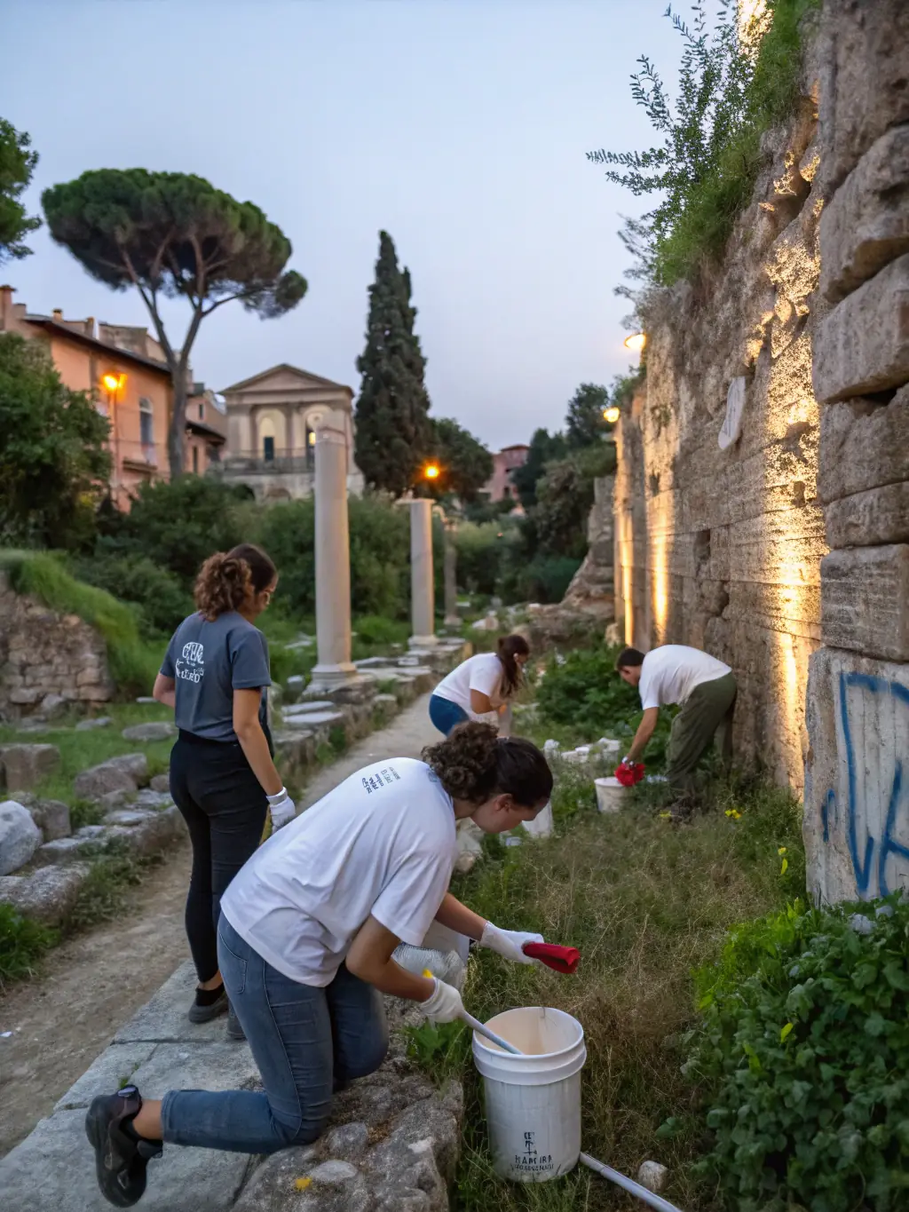 A photograph capturing volunteers from ASSOCIATION DU BOIS NOIR cleaning up a local historical site in La Bastide-du-Fau, showcasing their commitment to preserving the area's heritage.