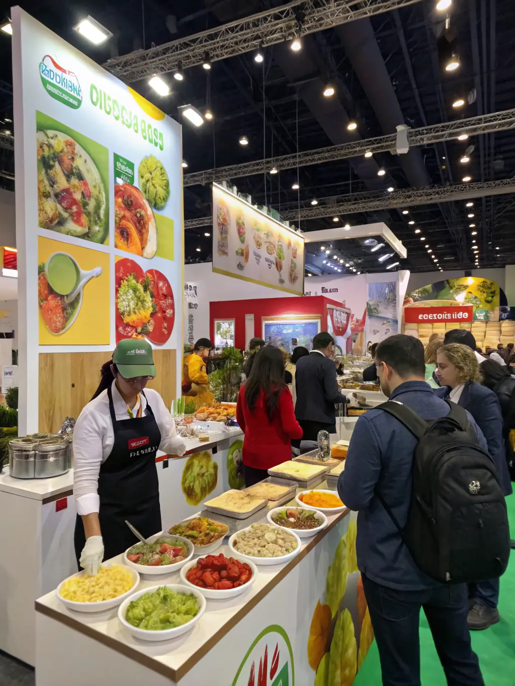 A picture of a local food fair, showcasing regional cuisine and delicacies, with vendors and visitors interacting and enjoying the food.