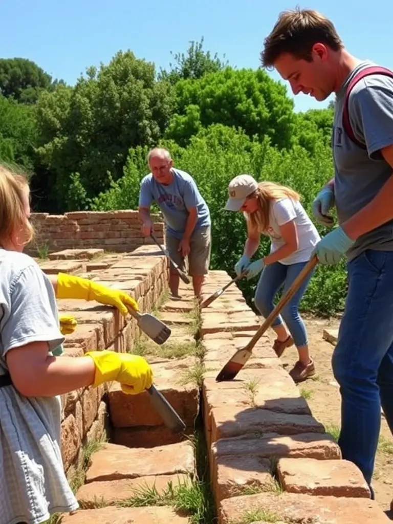 A serene image of a group of volunteers working to preserve a local historical site, cleaning and restoring the area with care and dedication.