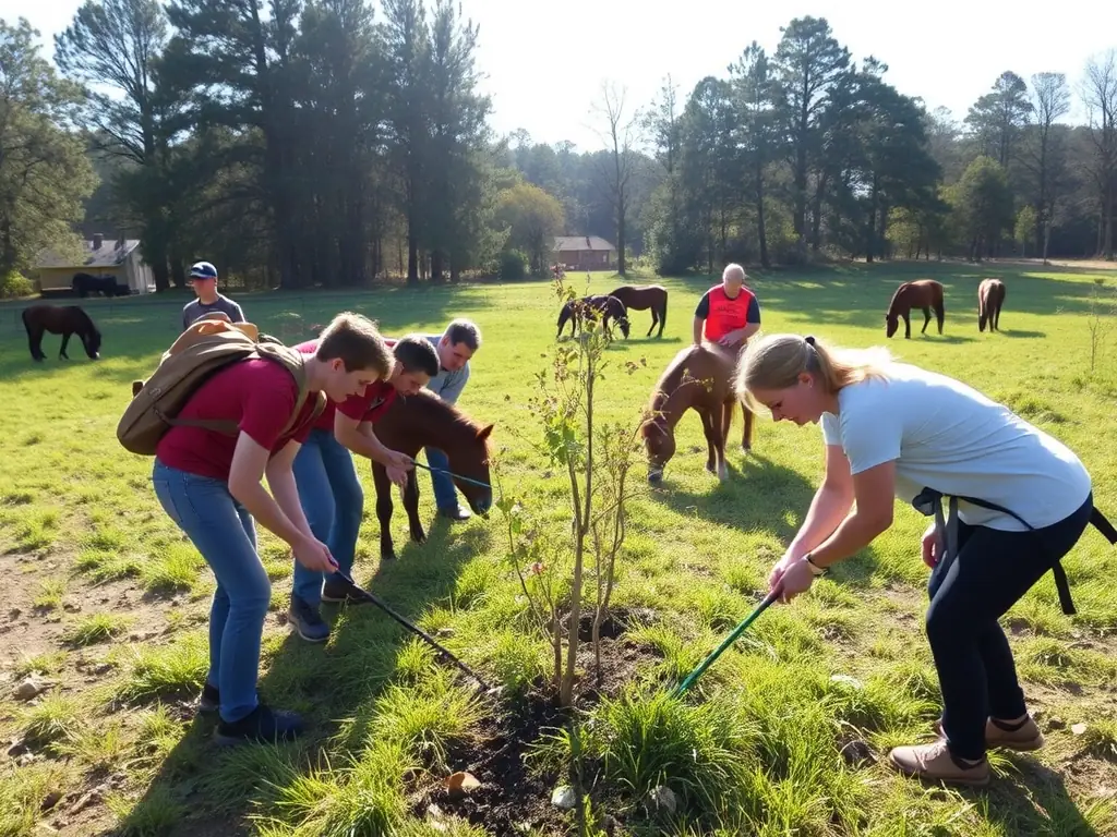 A serene image of volunteers working together on a community project in La Bastide-du-Fau, highlighting the collaborative spirit and dedication to preserving the local environment and cultural heritage.