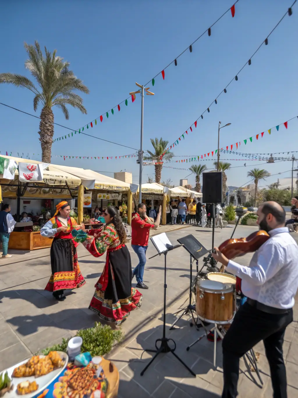 A photograph capturing the excitement of the annual Bastide-du-Fau Summer Festival, featuring live music, food stalls, and traditional dance performances.