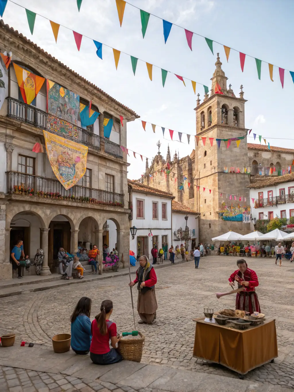 A colorful scene from a local festival, featuring traditional music, dance, and food stalls, with people of all ages enjoying the festivities.