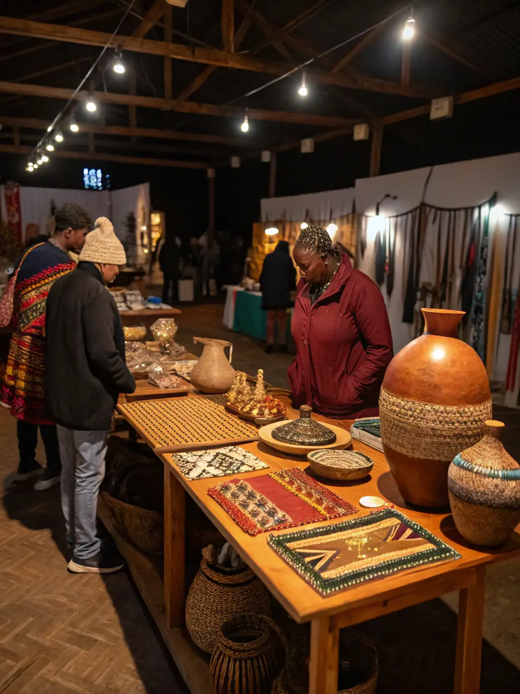 A heartwarming image of local artisans displaying their crafts at a community cultural event organized by ASSOCIATION DU BOIS NOIR, highlighting the promotion of local arts and traditions.