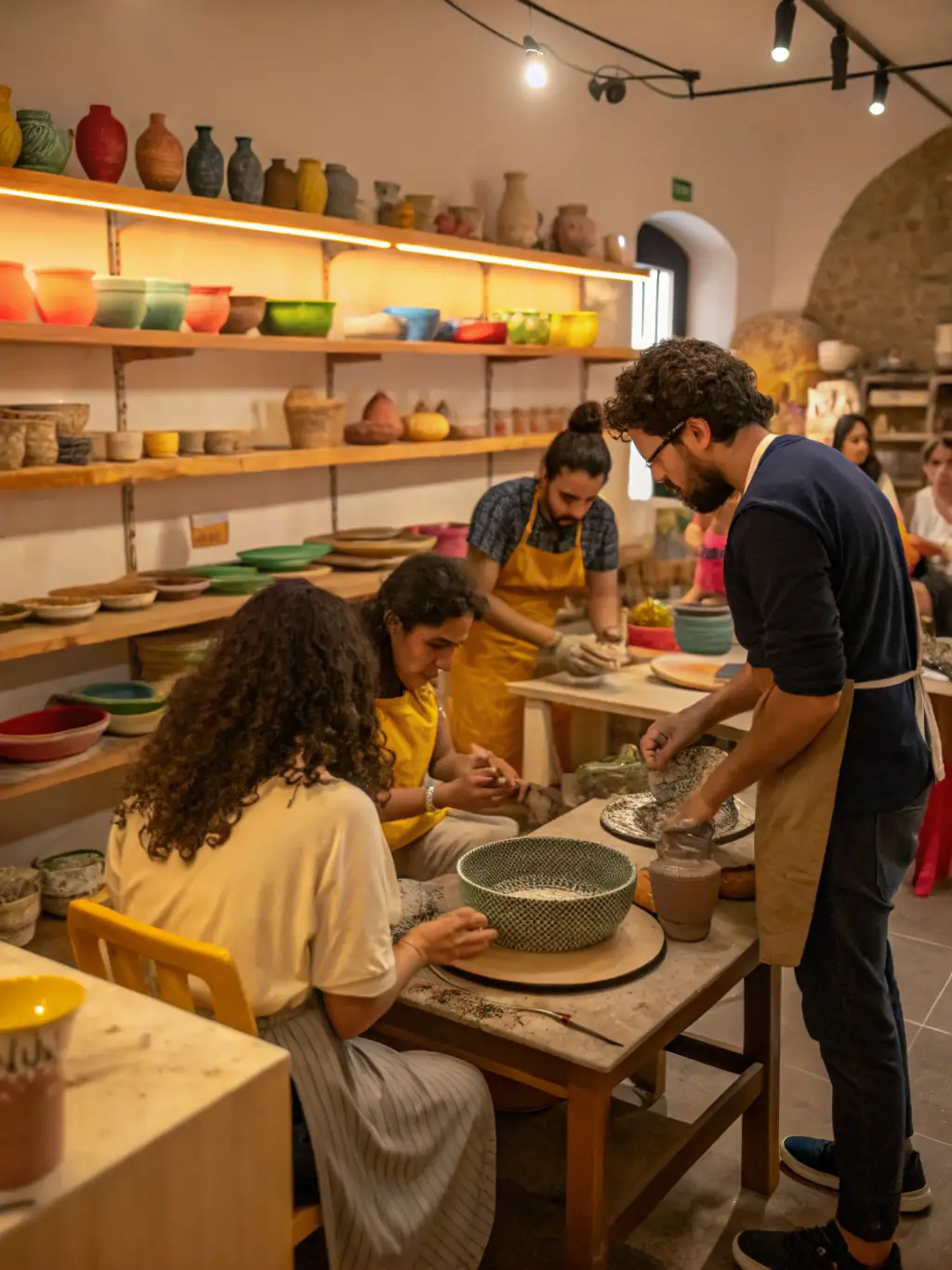 A vibrant image of a local artisan leading a pottery workshop, demonstrating traditional techniques to participants.