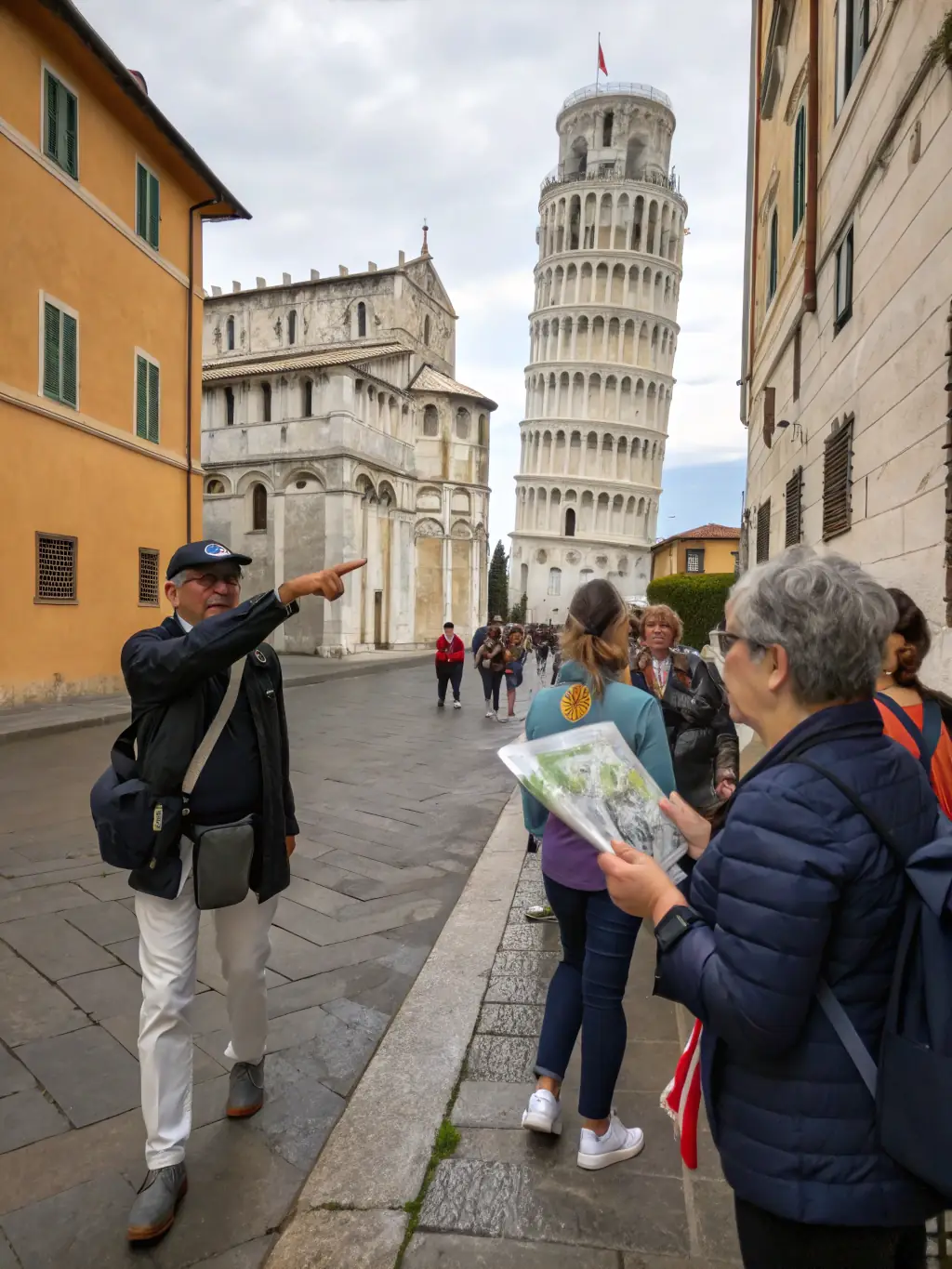 A vibrant photograph capturing a guided tour group exploring the historical landmarks of La Bastide-du-Fau, with the guide pointing out architectural details and sharing historical anecdotes.