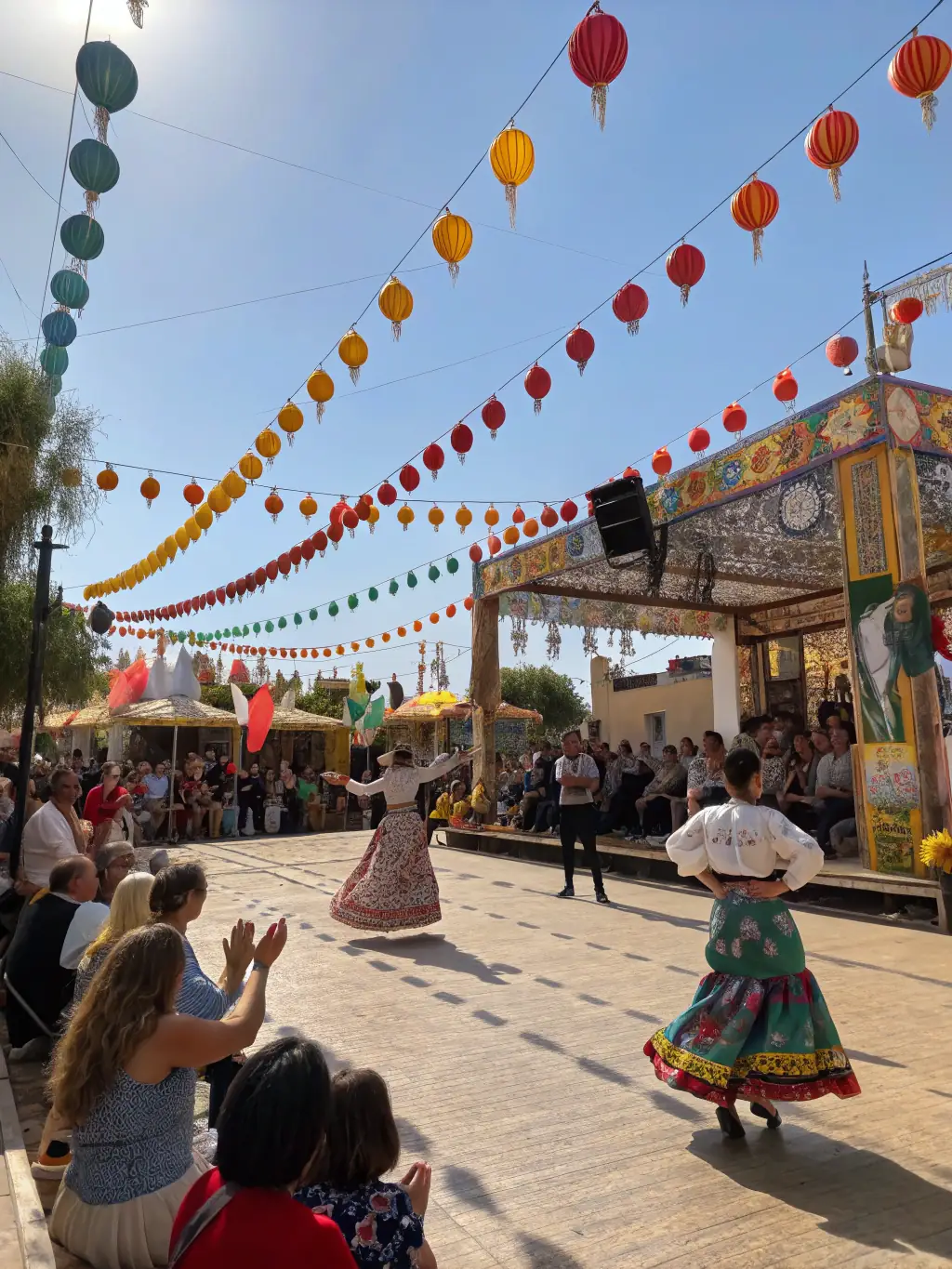 A vibrant image of a community festival in La Bastide-du-Fau, featuring traditional music, dance, and local cuisine.